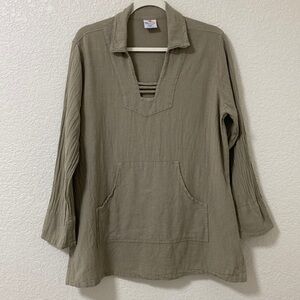 Sea Breeze Cotton Tunic Top Women's XS Gauzy Kangaroo Pocket  Tan